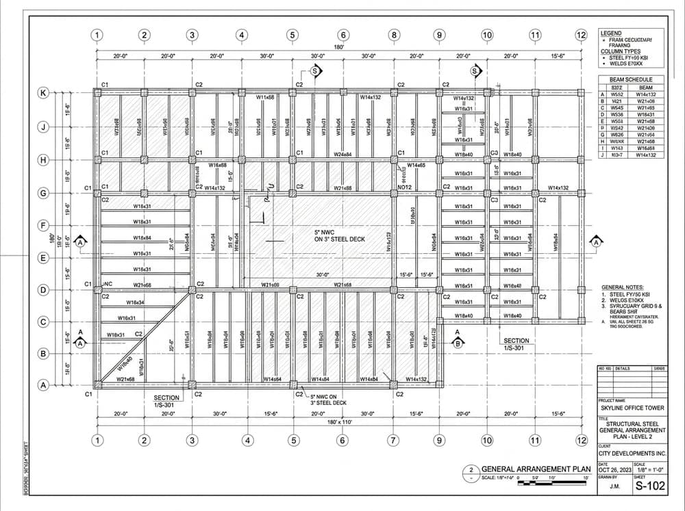 Structural general arrangement framing plan drawing with column grids, beam schedules, and dimensions