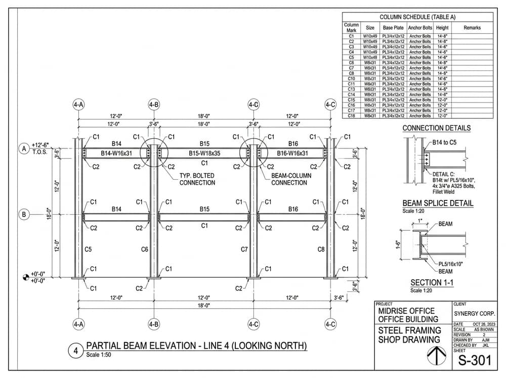 Engineering CAD blueprint of structural steel framing shop drawing with beam elevation and column schedules