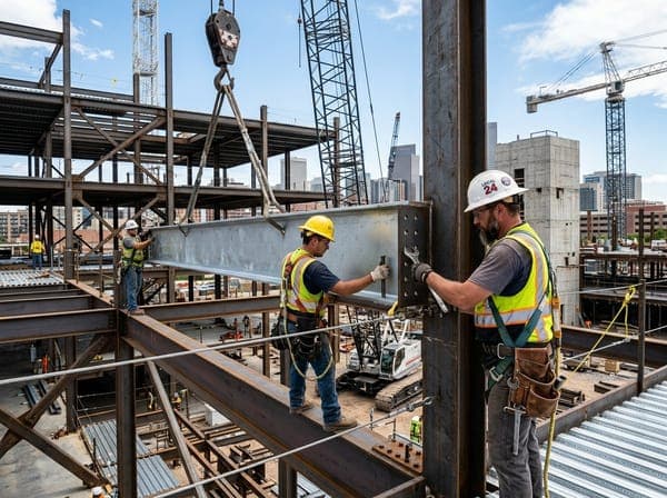 Commercial steel erection ironworkers installing and aligning structural beam with spud wrench
