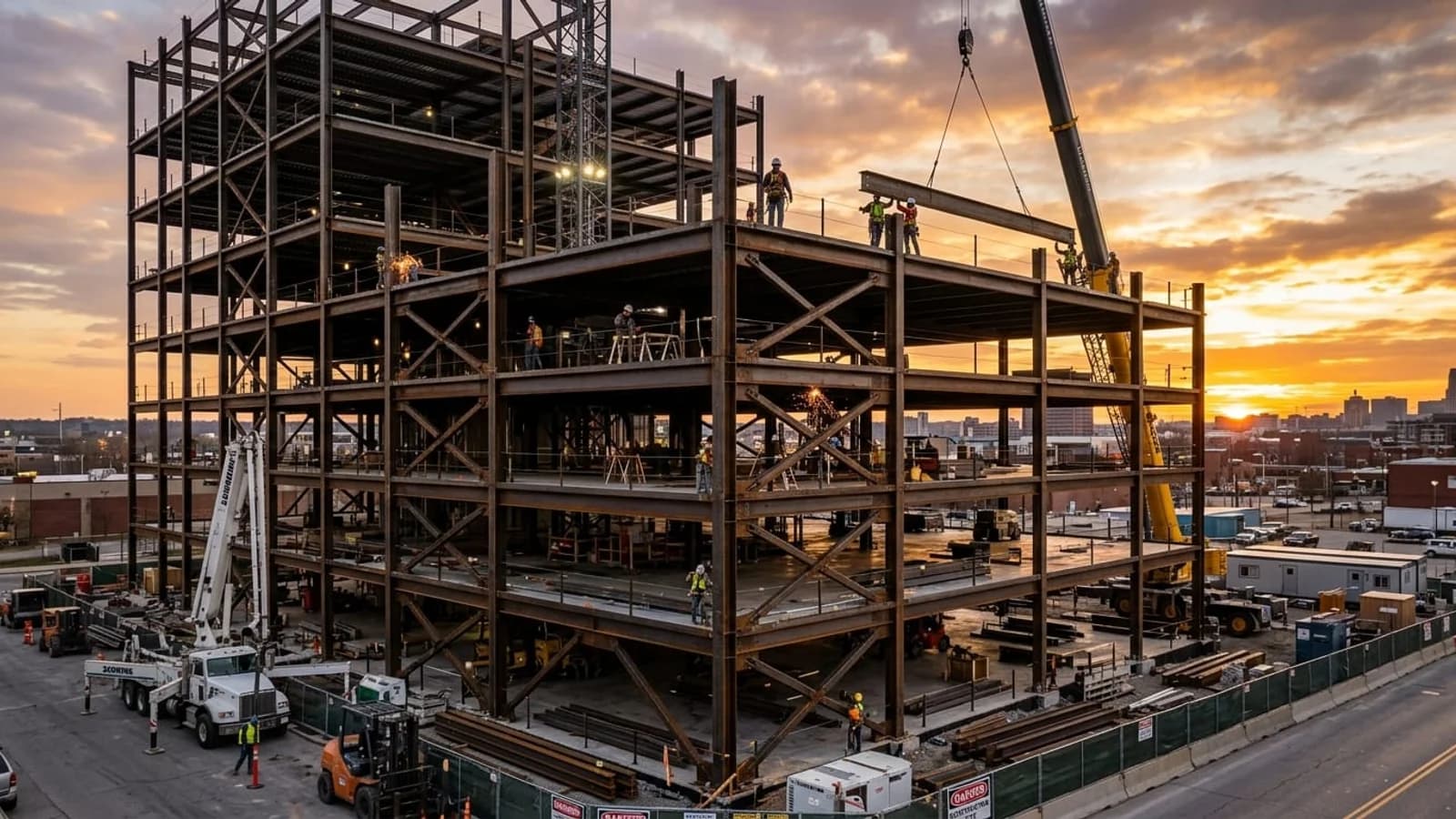 Commercial structural steel construction jobsite in the United States