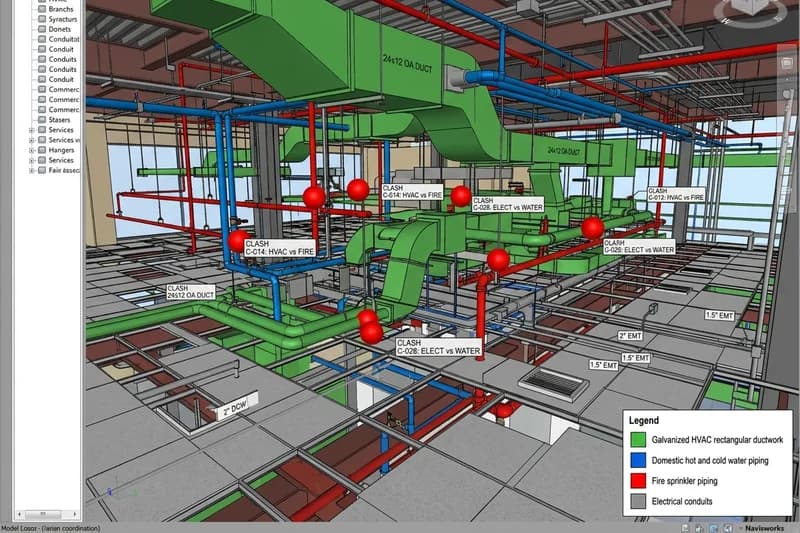 BIM spool fabrication model showing segmented pipe sections with QR tags