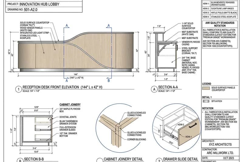 Cabinet shop drawing showing cabinet carcass construction and hardware specs