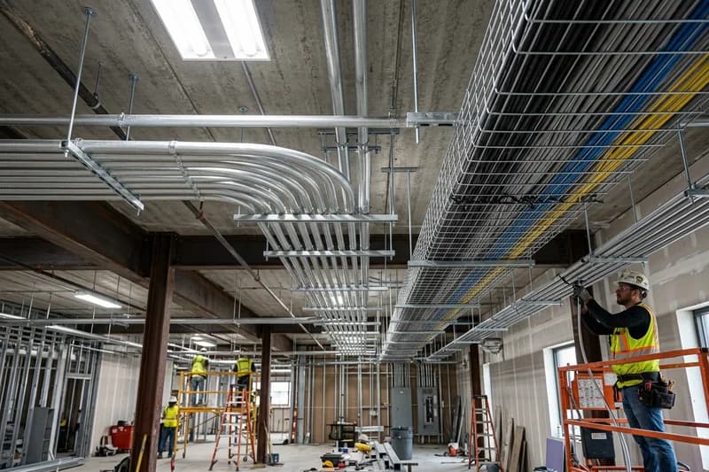 Cable tray shop drawings showing multi-tier ladder rack and trapeze hangers
