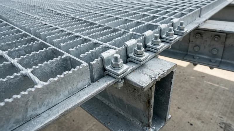 Metal bar grating layout drawing showing cutouts and hold-down clips