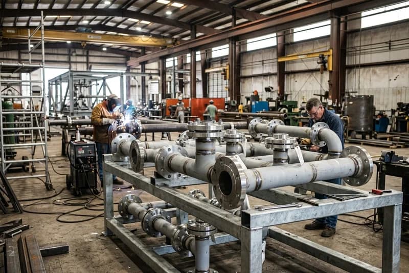 Pipe spool fabrication drawing showing welded elbows and flange orientations