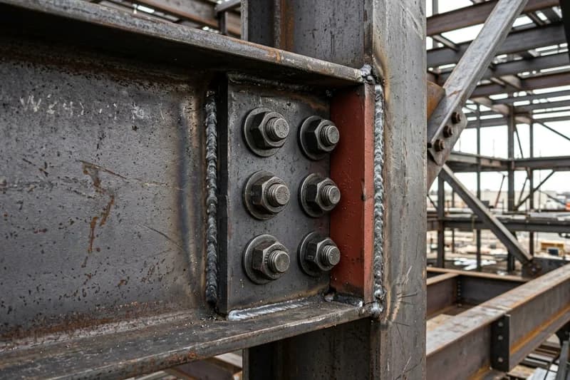 Structural steel connection detailing showing bolted shear tab and weld symbols