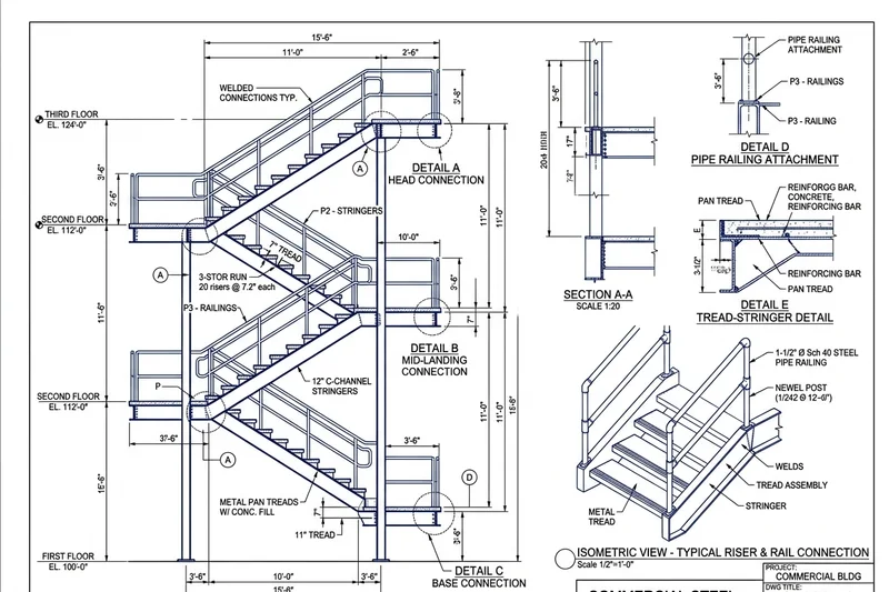 Steel railing shop drawing showing post base embed and picket spacing