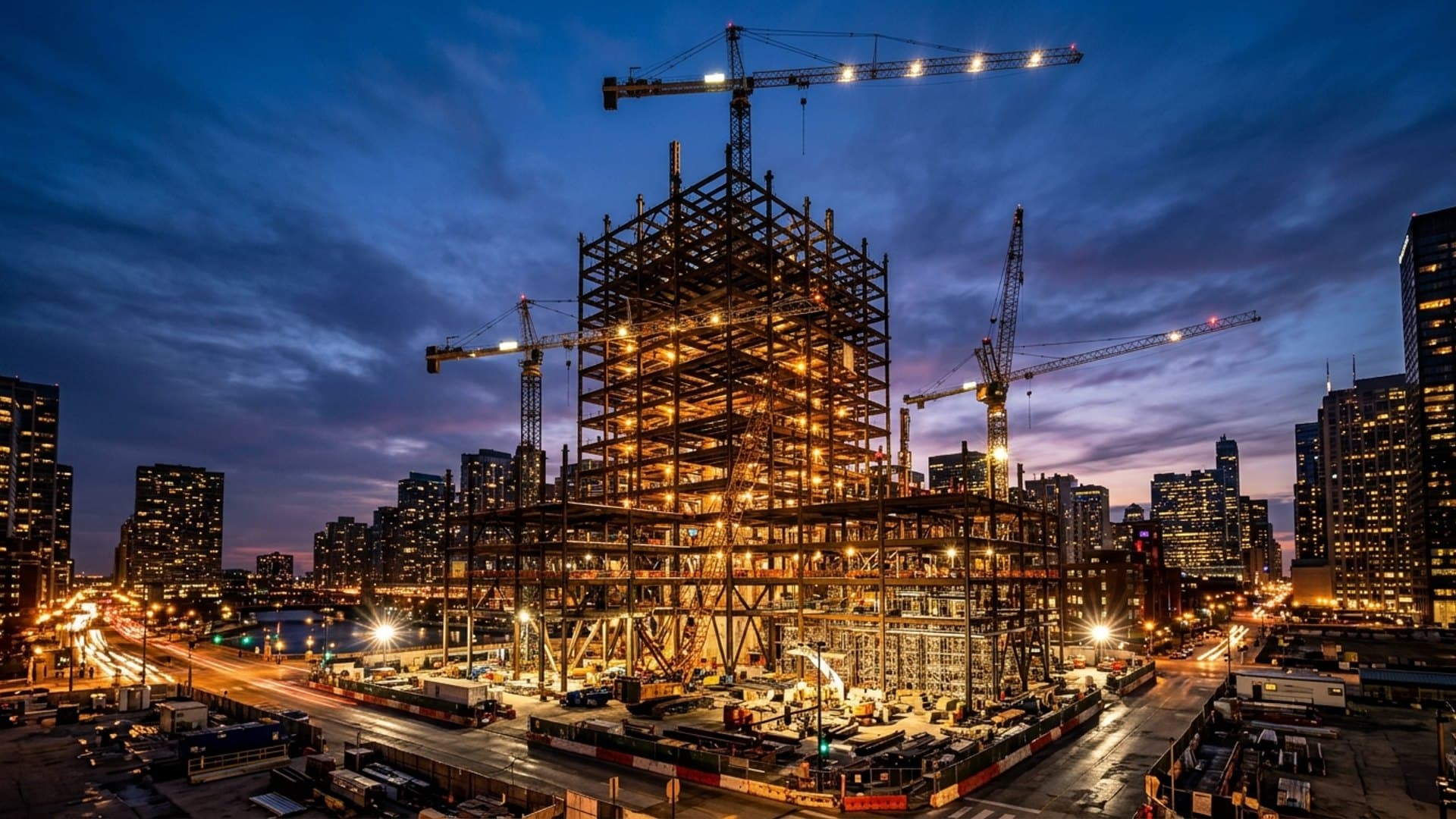 Illuminated commercial structural steel skyscraper construction site at dusk
