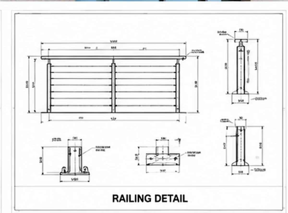 Sample guardrail shop drawing showing railing elevations, post spacing, and base plate mounting details