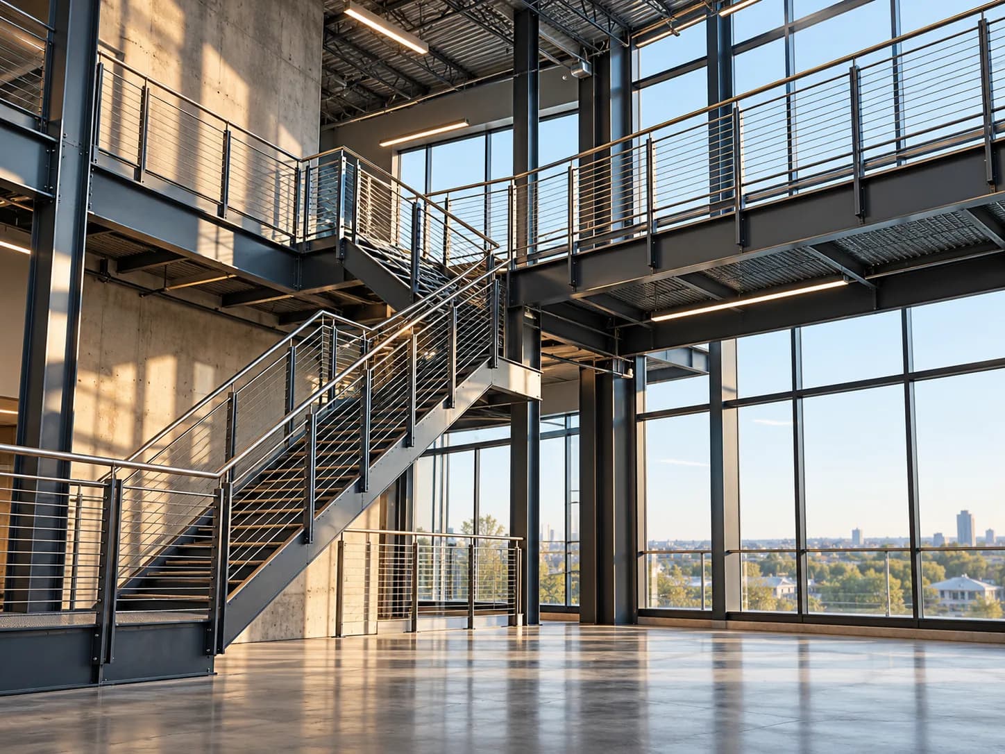 Fabricated modern steel stairs and guardrail composition for commercial building