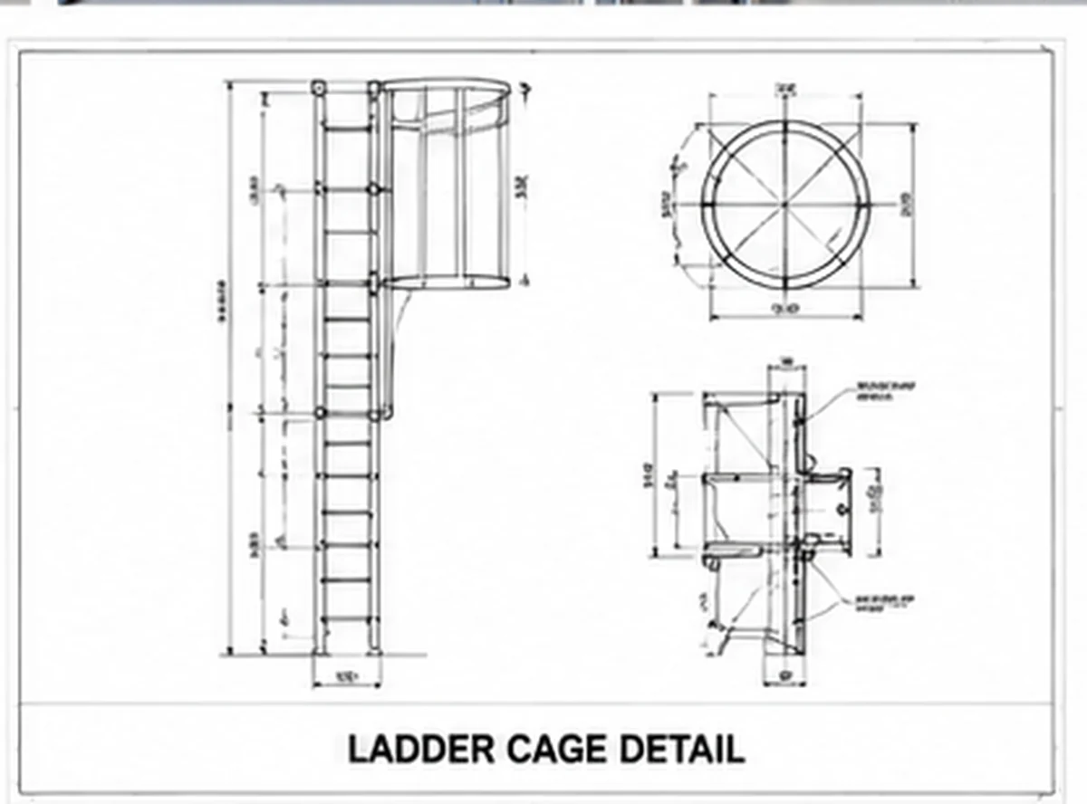 Sample fixed ladder and access detail drawing showing rung spacing, wall standoffs, and safety cage hoops
