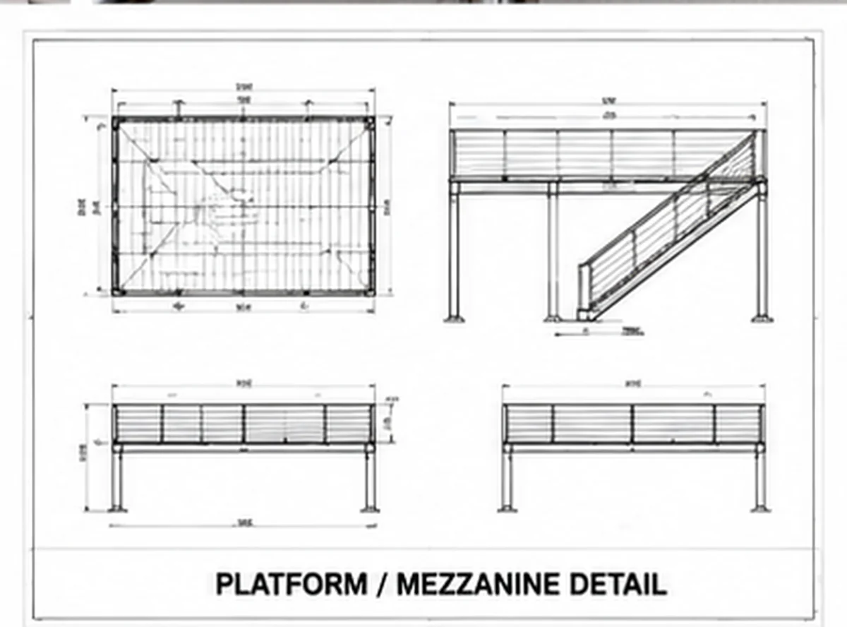 Sample platform and mezzanine detail drawing showing support framing, bar grating, and perimeter toe boards