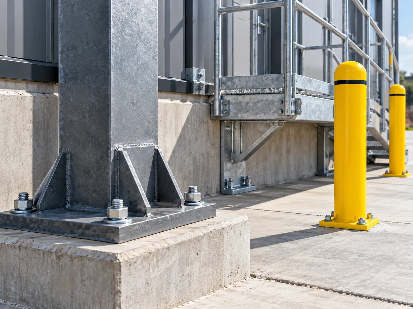 Pipe bollards, base plates, and embedded steel attachment plates