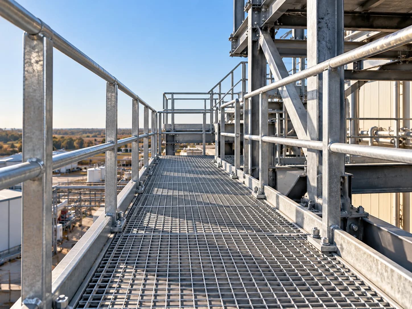 Industrial catwalk walkway arrangement and bar grating panels