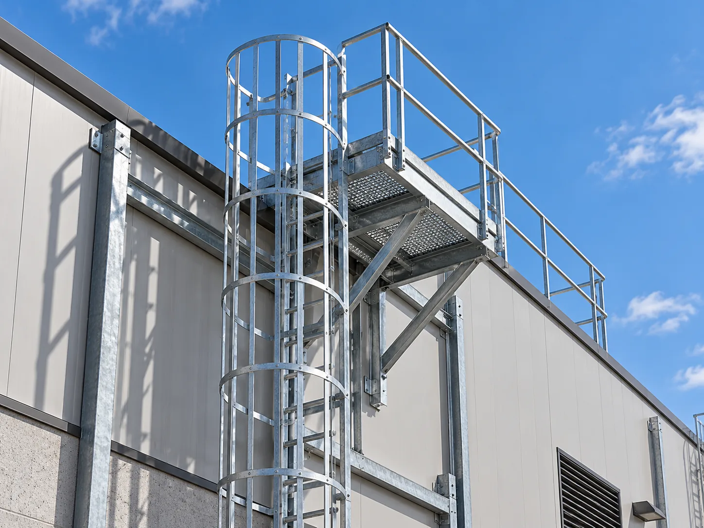 Industrial fixed access ladder with safety cage and standoff brackets