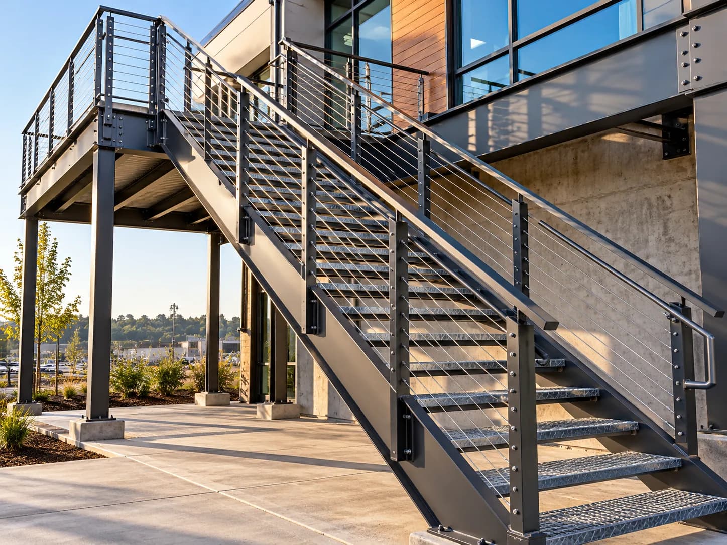 Fabricated steel stairs with structural stringers and landing assemblies