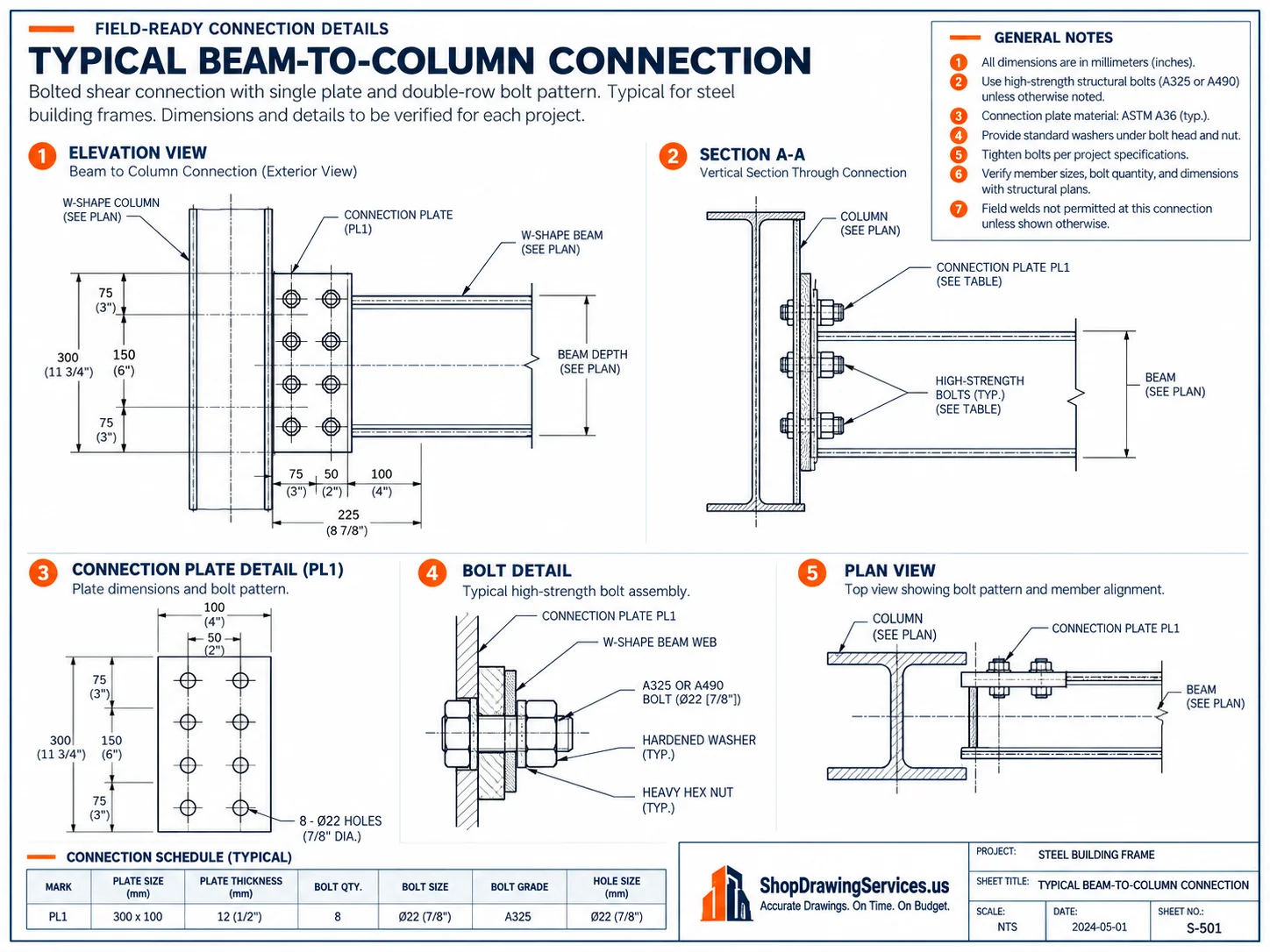 Detailed technical drawing of typical beam to column bolted field connection showing shear tab, bolts, and weld symbols