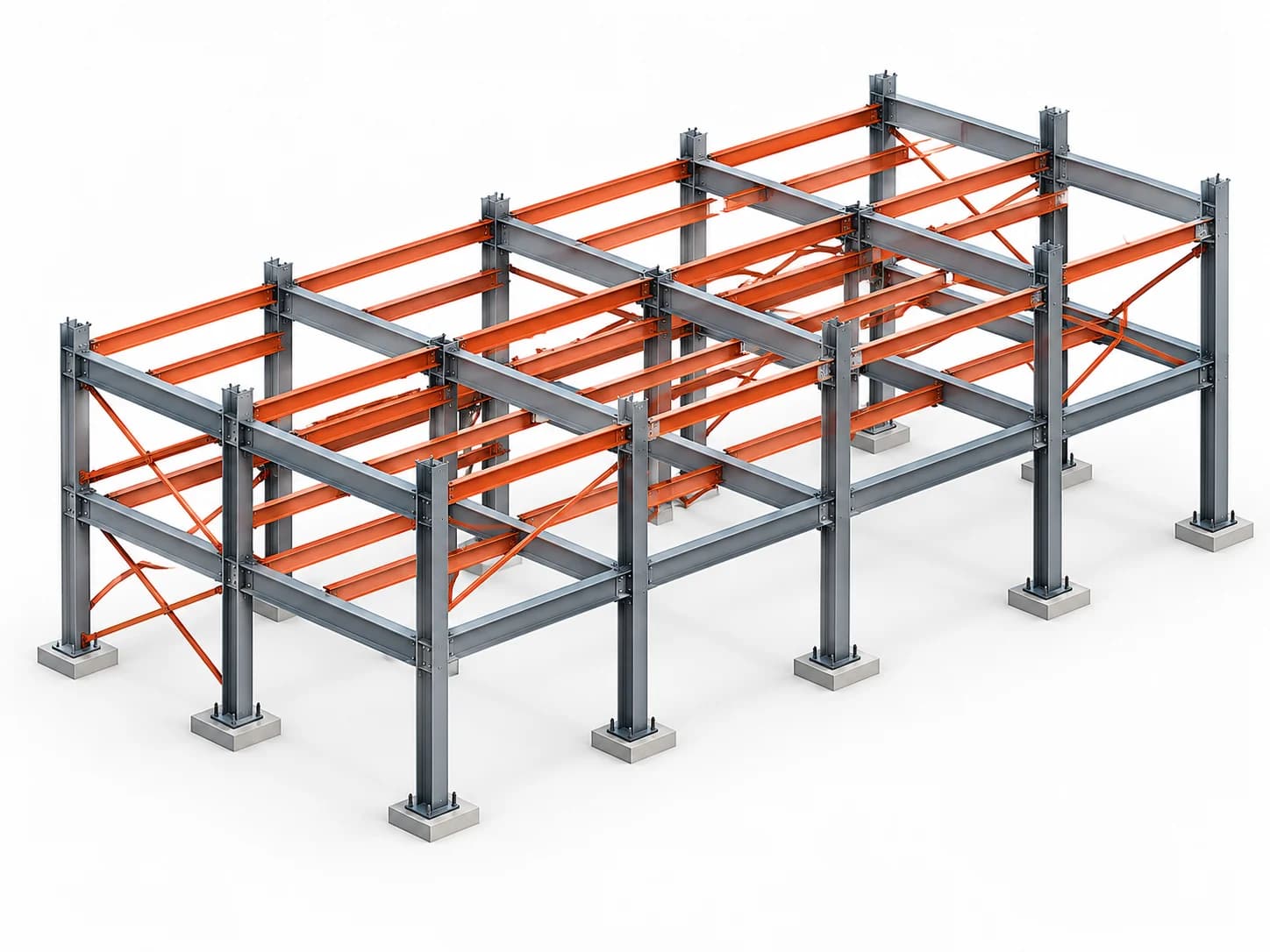 Erection sequence stage 3 showing fully assembled multi-story structural steel frame