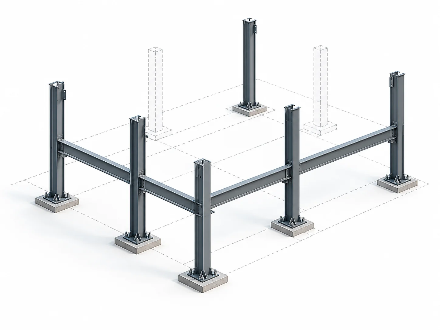 Erection sequence stage 1 showing initial steel column placement on anchor bolts