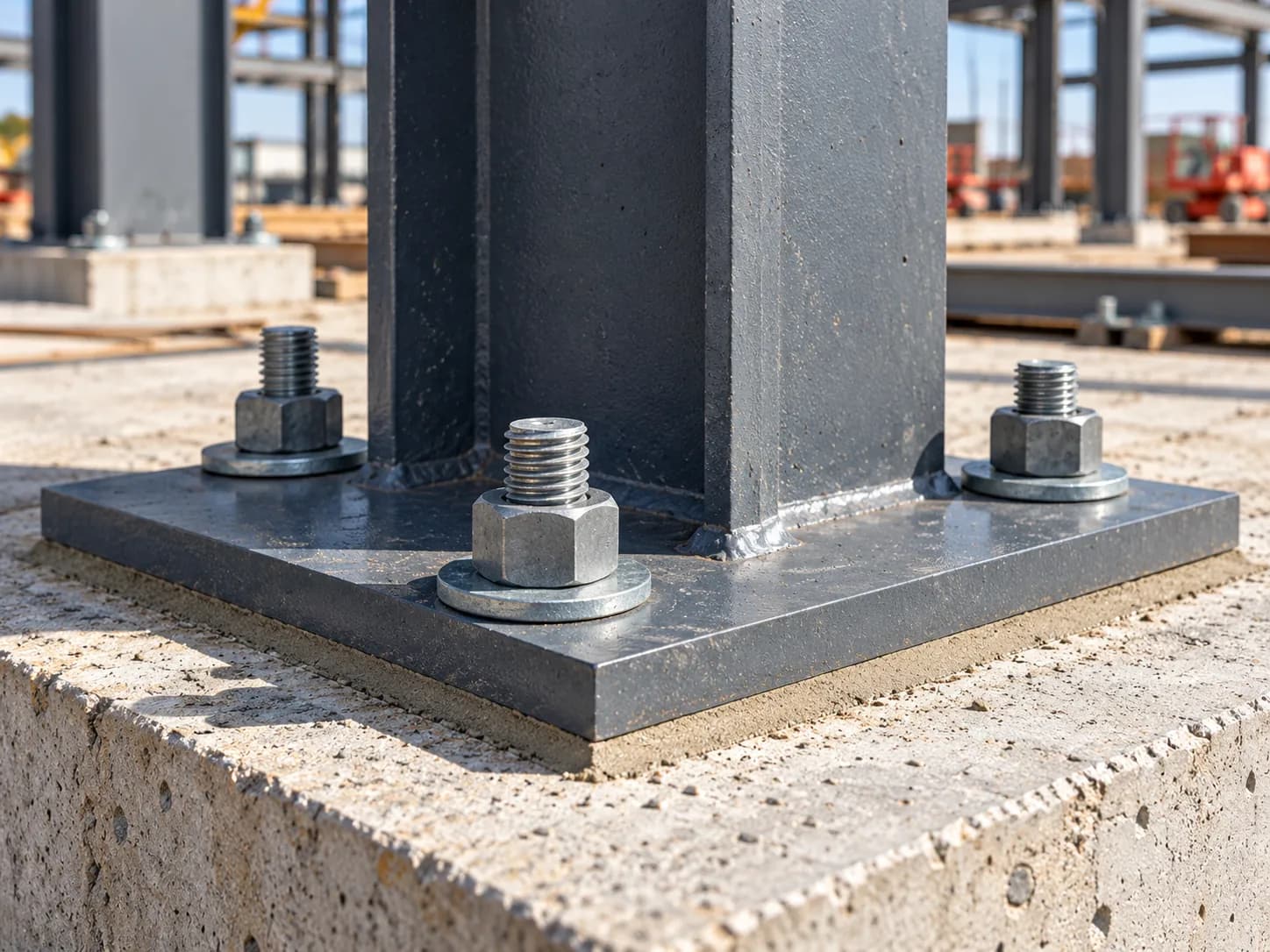 Steel column base plate sitting on cast-in-place anchor bolts with leveling nuts and grout gap