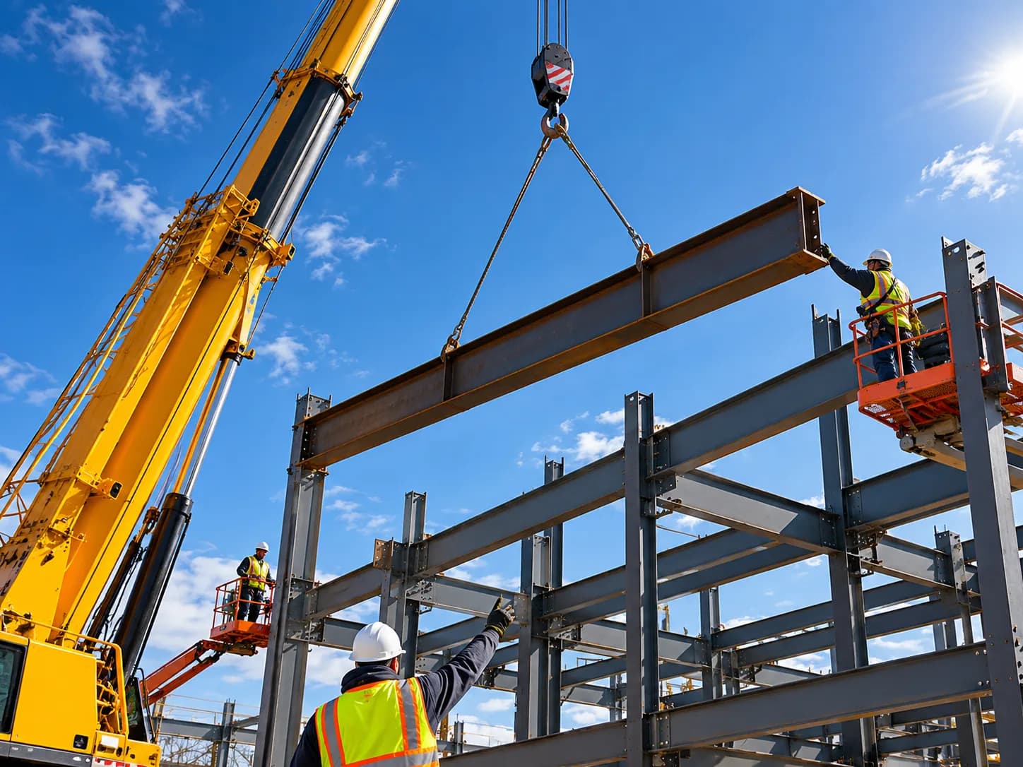 Mobile crane hoisting structural steel wide-flange beam into position during commercial building erection