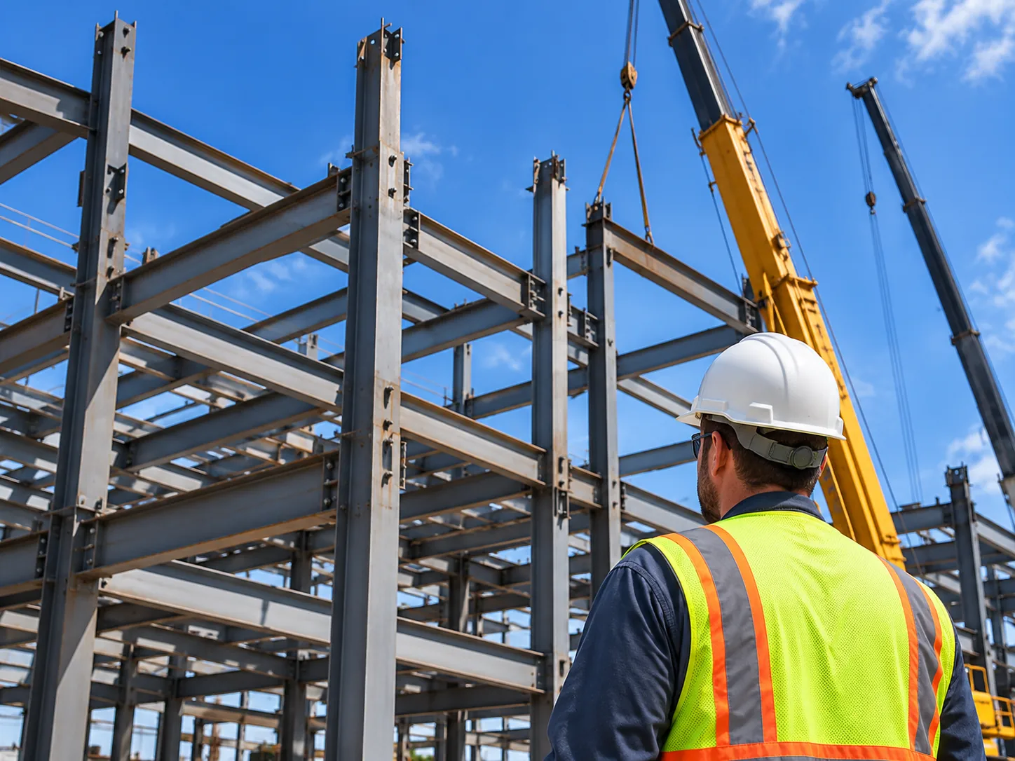 Steel erection site overview showing commercial building framework, cranes, and structural field crew