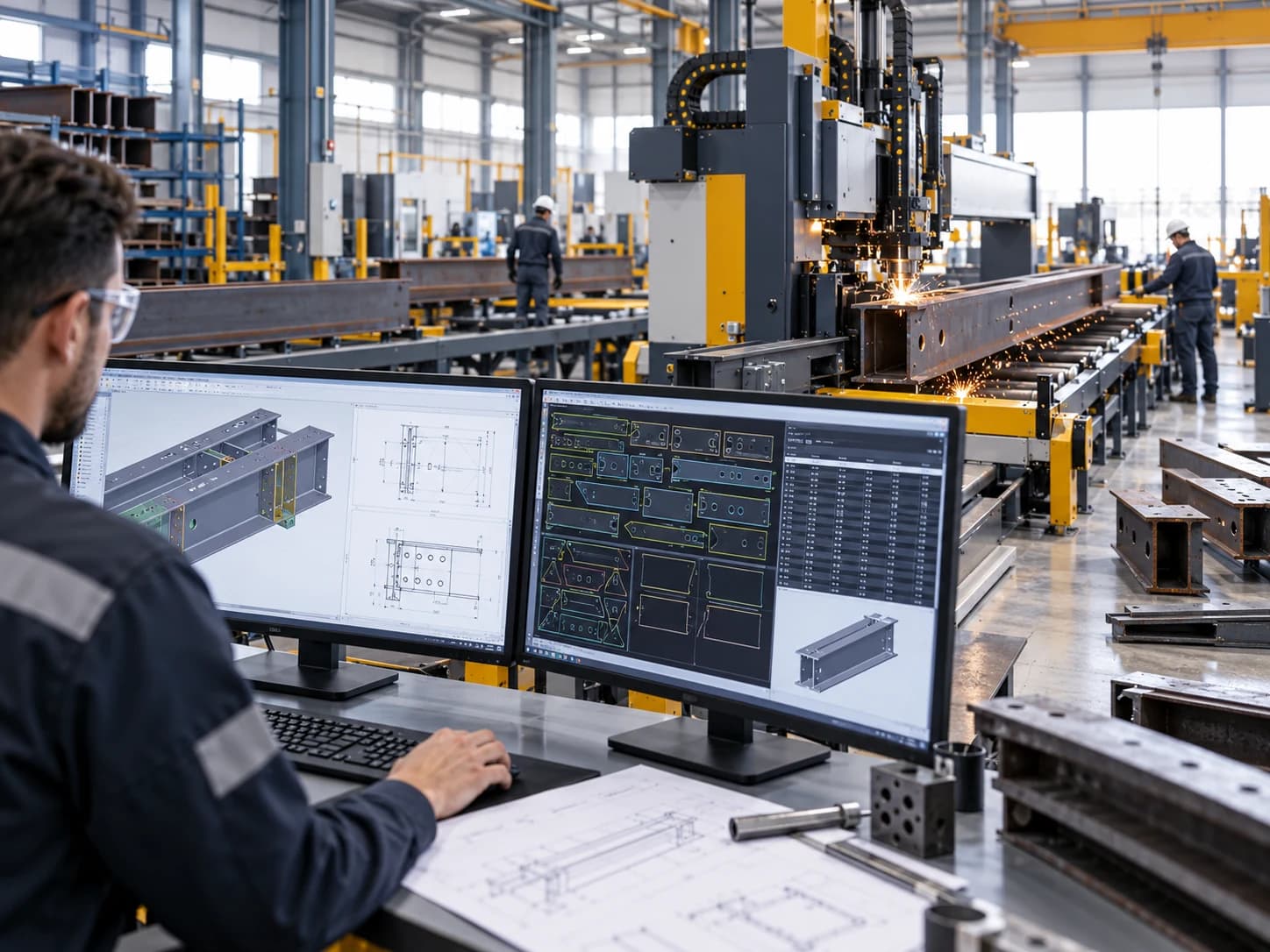 Automated CNC steel beam drill line and plasma cutting machine fabricating structural steel