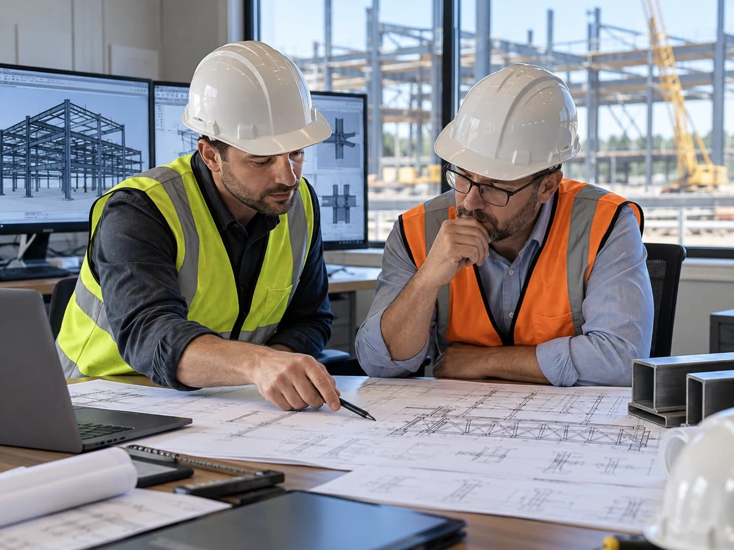 Detailing engineer reviewing structural steel fabrication drawings at quality inspection table