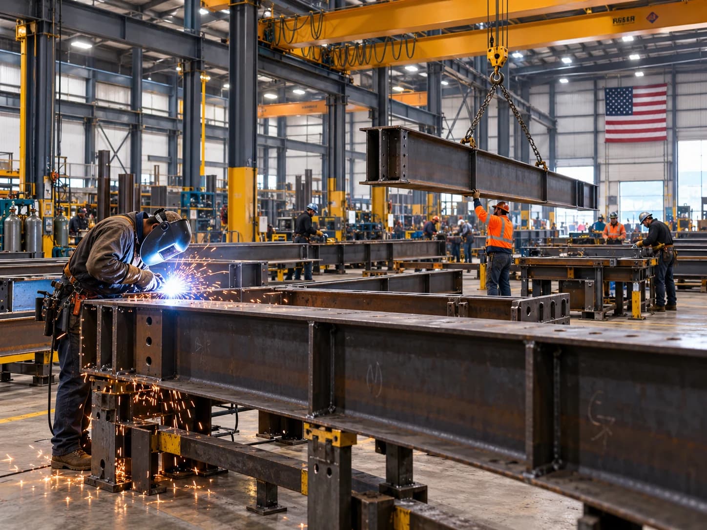 Structural steel fabrication workshop with steel fabricators and detailing engineers inspecting shop drawings
