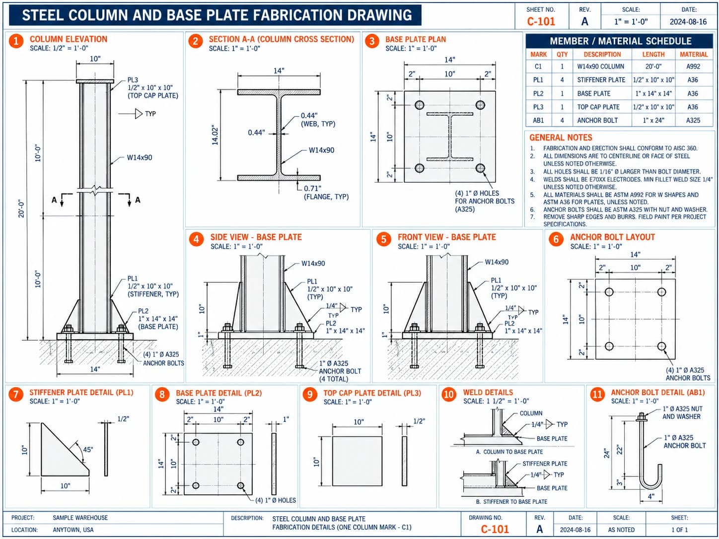 Sample column assembly and base plate fabrication drawing with anchor bolt template and splice detail