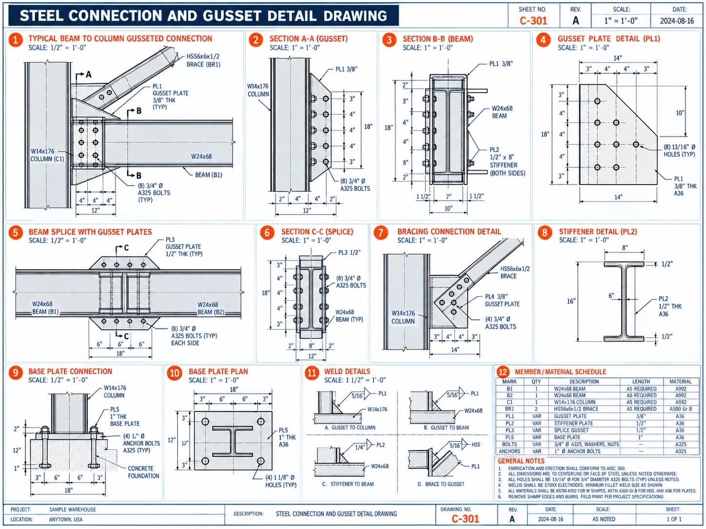Sample steel gusset plate and bracing connection fabrication drawing detailing bolt edge distances and weld preps