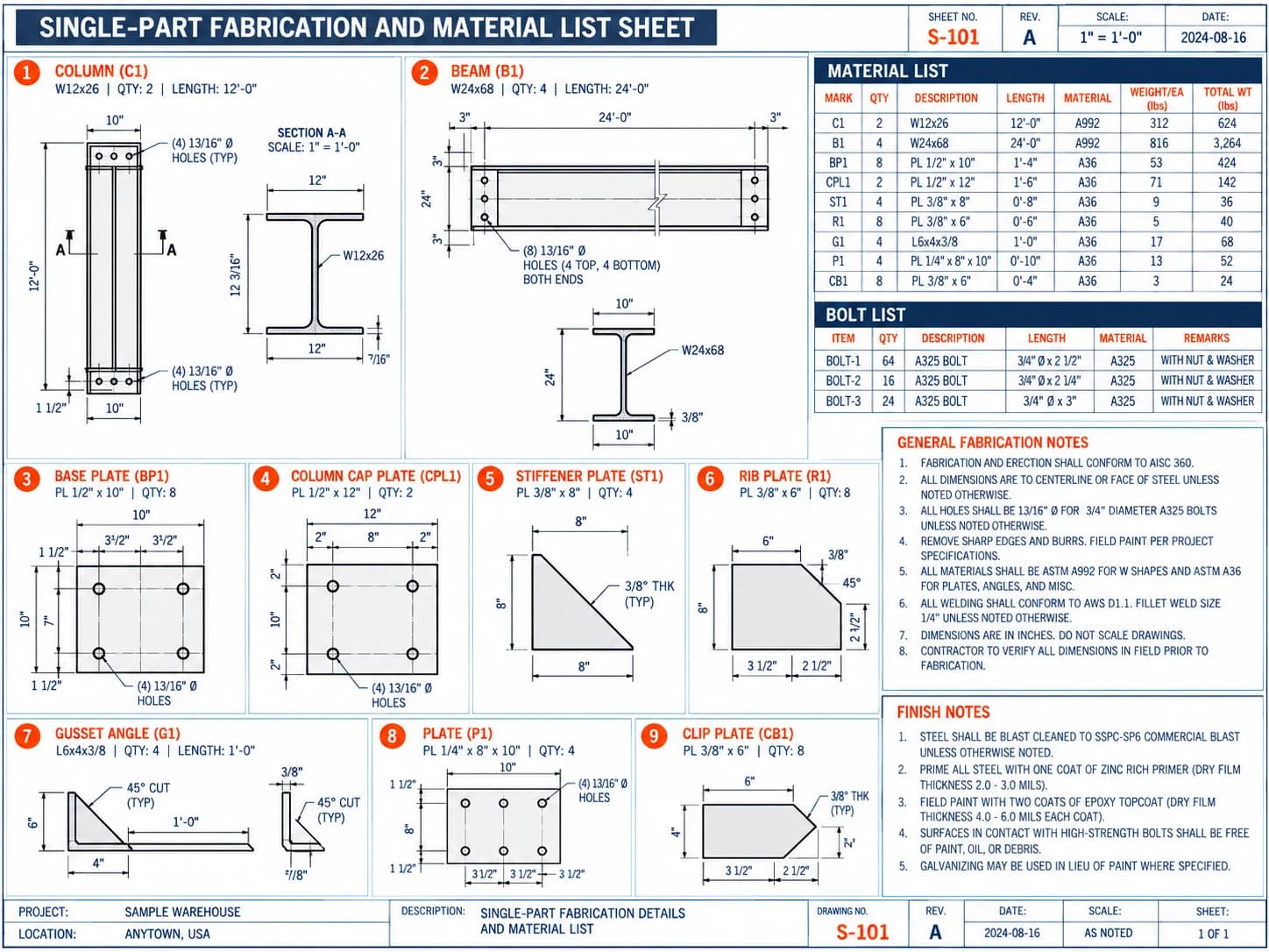 Sample single-part fabrication schedule detailing clip angles, shear tabs, base plates, and hole coordinates