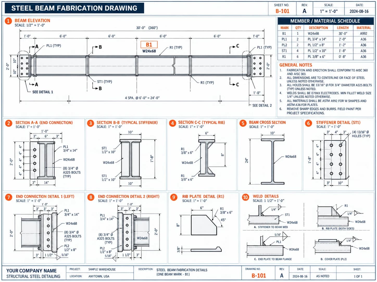 Sample steel beam fabrication drawing detailing top-of-steel elevation, flange copes, shear tabs, and hole gauges