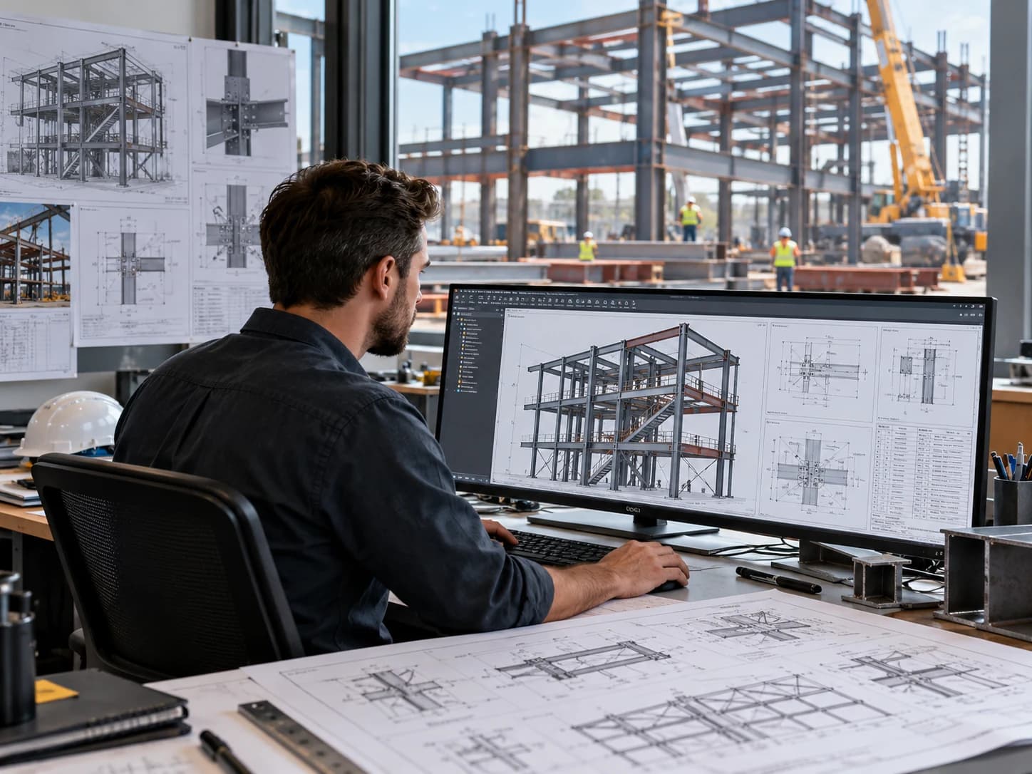CAD workstation showing 3D structural steel modeling and fabrication drawing generation