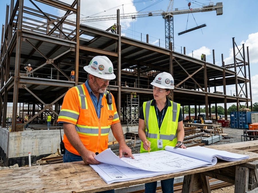 Engineers and superintendents reviewing construction blueprints on jobsite