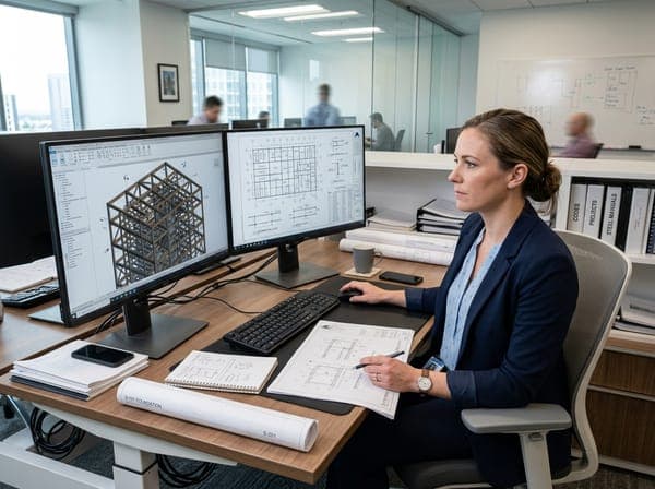 Structural engineer reviewing 3D BIM structural model