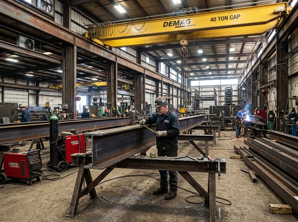 Structural steel fabricator in manufacturing workshop