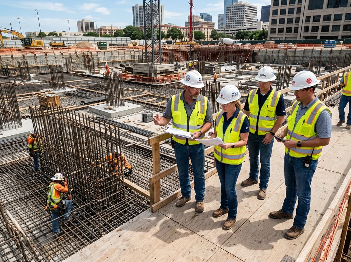 General contractor project team reviewing plans on jobsite